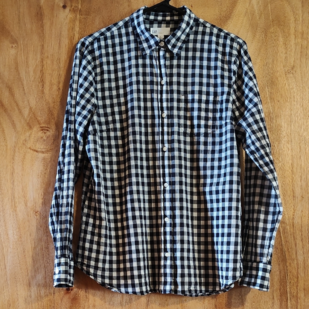 GAP Womens Boyfriend Fit Gingham Shirt Navy White Sheer Lightweight Cotton M